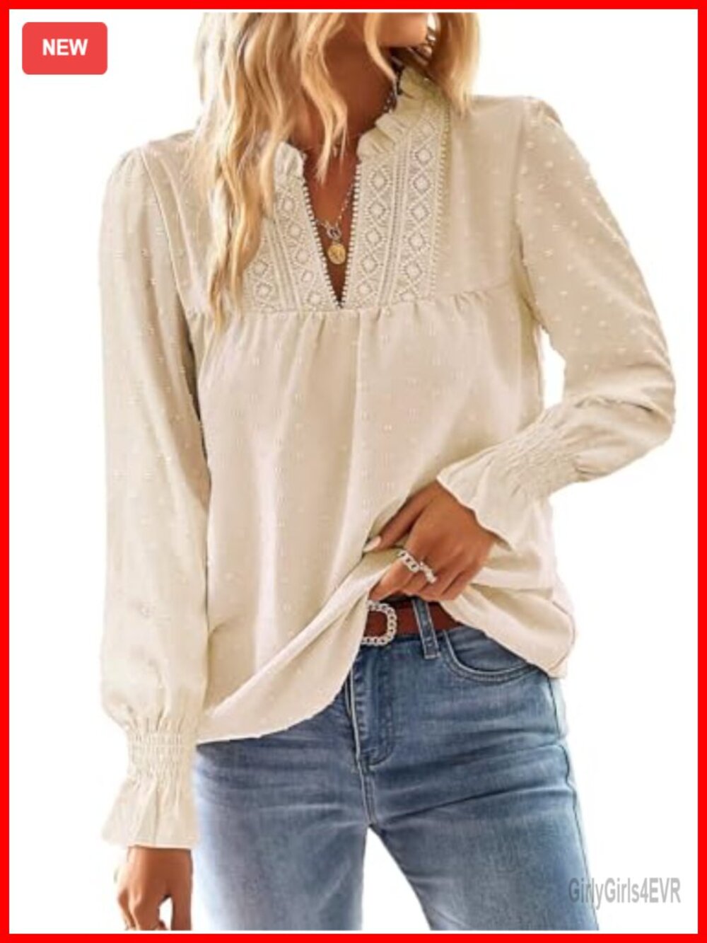 Women's Boho V-Neck Crochet Lace Blouse Long Sleeve Swiss Dot Top